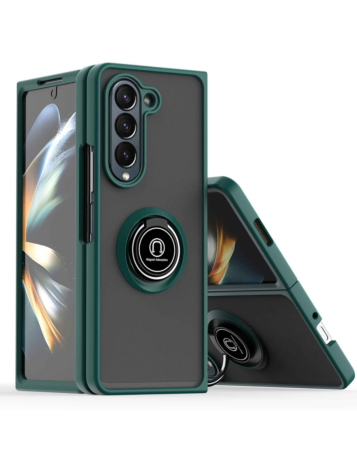 Galaxy Z Fold 5 Hard PC Rear / Soft TPU Colorful Border Case with I - ring Holder - DARK GREEN (Only Ground Shipping)