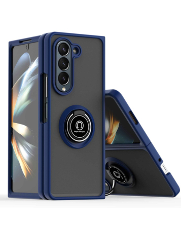Galaxy Z Fold 5 Hard PC Rear / Soft TPU Colorful Border Case with I - ring Holder - NAVY BLUE (Only Ground Shipping)