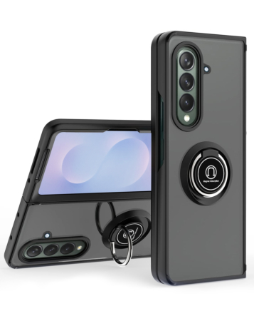 Galaxy Z Fold 7 Hard PC Rear / Soft TPU Colorful Border Case with I - ring Holder - BLACK (Only Ground Shipping)