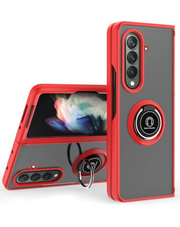Galaxy Z Fold 7 Hard PC Rear / Soft TPU Colorful Border Case with I - ring Holder - RED (Only Ground Shipping)