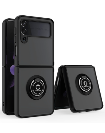Galaxy Z Flip 4 Hard PC Rear / Soft TPU Colorful Border Case with I - ring Holder - BLACK (Only Ground Shipping)