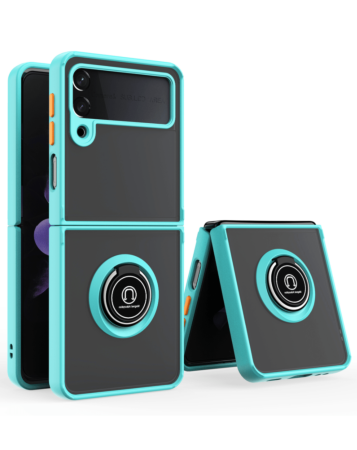 Galaxy Z Flip 4 Hard PC Rear / Soft TPU Colorful Border Case with I - ring Holder - BLUE (Only Ground Shipping)