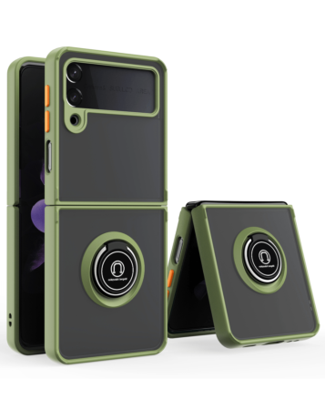 Galaxy Z Flip 4 Hard PC Rear / Soft TPU Colorful Border Case with I - ring Holder - DARK GREEN (Only Ground Shipping)