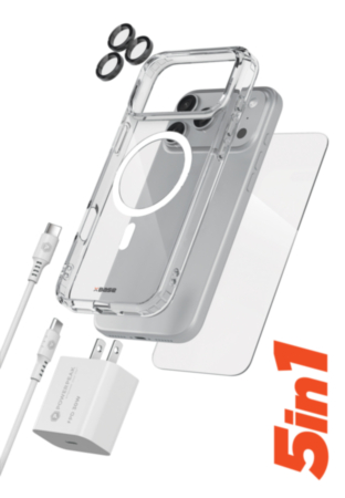 xBase by PowerPeak ProTech 5-in-1 Protection & Power Kit (Clear) for iPhone 17 Pro / 18 Pro - Case + Tempered Glass + 30W USB-C Power Adapter + USB C-C Cable + Lens Protector (Only Ground Shipping)
