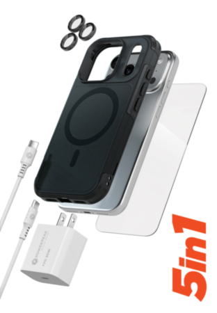 xBase by PowerPeak ProTech 5-in-1 Protection & Power Kit (Black) for iPhone 17 Pro Max / 18 Pro Max - Case + Tempered Glass + 30W USB-C Power Adapter + USB C-C Cable + Lens Protector (Only Ground Shipping)