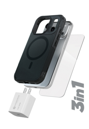 xBase by PowerPeak ProTech 3-in-1 Protection & Power Kit (Black) for iPhone 17 Pro / 18 Pro - Case + Tempered Glass + 30W USB-C Power Adapter (Only Ground Shipping)