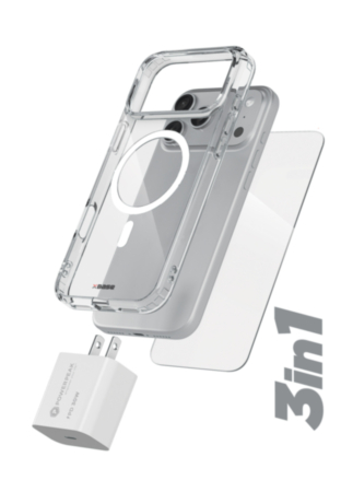 xBase by PowerPeak ProTech 3-in-1 Protection & Power Kit (Clear) for iPhone 17 Pro Max / 18 Pro Max - Case + Tempered Glass + 30W USB-C Power Adapter (Only Ground Shipping)