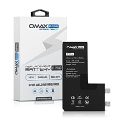 Order the QMAX Base extended capacity replacement battery for iPhone 11 Pro, 3400 mAh. Spot weld required.