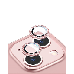 Stock up on the Iced Out Square Camera Lens with HD Tempered Glass for iPhone 13 and 13 Mini in Pink.