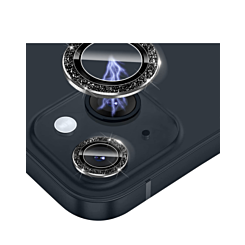 Purchase the glitter diamond camera lens protector with HD tempered glass for iPhone 14 or 14 Plus in black.