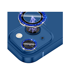 Grab the wholesale deals on the glitter diamond camera lens protector with HD tempered glass for iPhone 14 or 14 Plus in blue.
