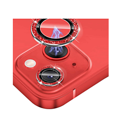 Buy the glitter diamond camera lens with HD tempered glass for the iPhone 14 or 14 Plus — in red.