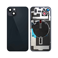 Buy the back glass with frame, wireless NFC charging flex, and MagSafe magnet for the iPhone 14 Plus — in Midnight, no logo.