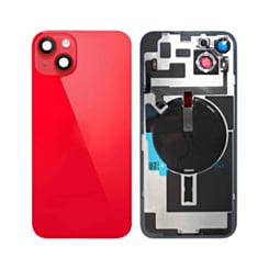Purchase the back glass with frame, wireless NFC charging flex, and MagSafe magnet for the iPhone 14 Plus — in Red, OEM pull A grade.