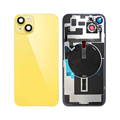 Stock up on the back glass with frame, wireless NFC charging flex, and MagSafe magnet for the iPhone 14 Plus — in Yellow, no logo.