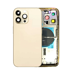 Purchase the Back Housing Frame with Small Components Pre-Installed for iPhone 14 Pro Max, no logo, US version, in Gold.

