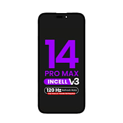 Shop the LCD Assembly for iPhone 14 Pro Max, aftermarket Incell QV7 V3, 120Hz, true tone programming and IC transfer not required.
