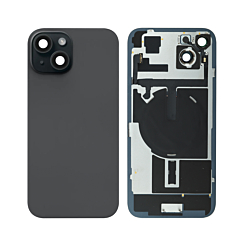 Stock up on the Back Glass with Frame and Wireless NFC Charging Flex and MagSafe Magnet for iPhone 15 in black, without the logo.
