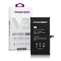 Order the QMAX Prime V3 Replacement Battery for iPhone 15 with no pop-up and 3349 mAh.
