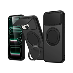 Flip Lens Cover Case with MagSafe Ring Kickstand (BLACK) for iPhone 14 Plus / 15 Plus (Only Ground Shipping)