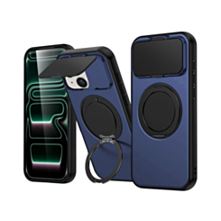Flip Lens Cover Case with MagSafe Ring Kickstand (NAVY BLUE) for iPhone 14 Plus / 15 Plus (Only Ground Shipping)
