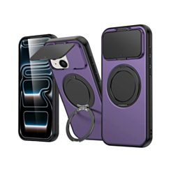 Flip Lens Cover Case with MagSafe Ring Kickstand (PURPLE) for iPhone 14 Plus / 15 Plus (Only Ground Shipping)