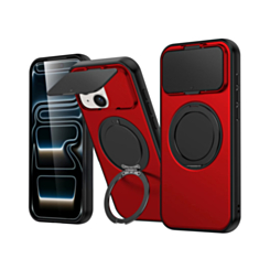 Flip Lens Cover Case with MagSafe Ring Kickstand (RED) for iPhone 14 Plus / 15 Plus (Only Ground Shipping)