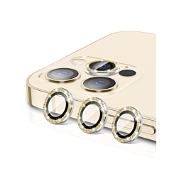 Order the glitter diamond camera lens with HD tempered glass for iPhone 15 Pro and 15 Pro Max in gold.