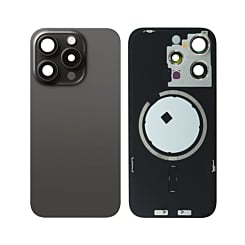 Shop the Back Glass with Frame and MagSafe Magnet for iPhone 15 Pro, no logo, black titanium.
