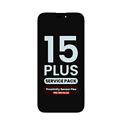 Purchase the OLED assembly with proximity sensor flex pre-installed for iPhone 15 Plus — service pack.