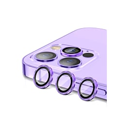 Purchase the metal ring with HD tempered glass for iPhone 15 Pro and 15 Pro Max in purple.