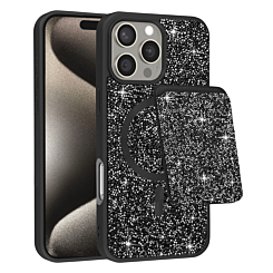 Magnetic Diamond Dual Layer Protection Case with Magnetic Card Slot- BLACK for iPhone 16 Pro Max (Only Ground Shipping)