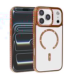 Magnetic Clear Glitter Case with Rhinestone Frame for iPhone 17 Pro Max (ORANGE) (Only Ground Shipping)