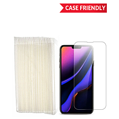 Purchase the pack of 50 clear tempered glass, 2.5D, case friendly, for iPhone 13, 13 Pro, 14, and 16e.
