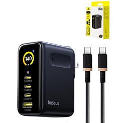 BASEUS PicoGo AH11 Digital Display Fast Charger 3C+U (140W) with 240w C-C Charging Cable (COSMIC BLACK) (Only Ground Shipping)