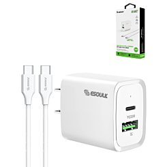 Esoulk USB C+A PD/QC Wall Adapter with USB C-C Cable (5ft) (20W) (WHITE) (Only Ground Shipping)