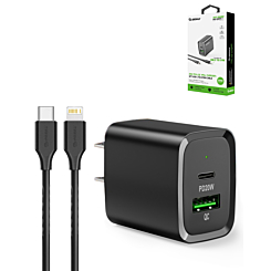 Esoulk USB C+A PD/QC Wall Adapter with USB C-L Non-MFI Cable (5ft) (20W) (BLACK) (Only Ground Shipping)