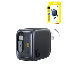 BASEUS EnerCore CJ11 Dual USB C Fast Charger with Retractable Cable (45W) (COSMIC BLACK) (Only Ground Shipping)