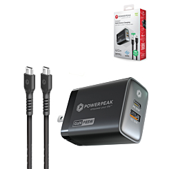 PowerPeak Triple Port GAN Charger with USB C-C Cable - (BLACK) (6 ft) (65W) (Only Ground Shipping)