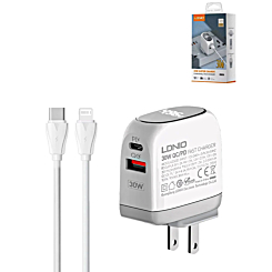 LDNIO A2522C QC3.0+PD Dual USB A Wall Charger with USB C-L Non-MFI Cable (3ft) (30W) (Only Ground Shipping)