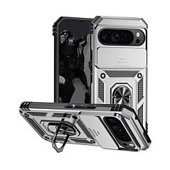 Google Pixel 9 Pro XL Dual Layers Hybrid Case with Metal Ring And Camera Protector - SILVER (Only Ground Shipping)