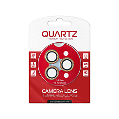 Grab the wholesale deals on the QUARTZ HD tempered glass in Gold with glitter diamond camera lens for the iPhone 14 Pro and 14 Pro Max back camera.