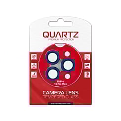 Purchase the QUARTZ HD Tempered Glass in blue with glitter diamond camera lens for iPhone 15 Pro and 15 Pro Max back camera.