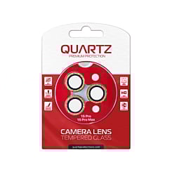 Grab the wholesale deals on the QUARTZ HD Tempered Glass in gold with glitter diamond camera lens for iPhone 15 Pro and 15 Pro Max back camera.