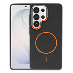 Magnetic Leather Soft Cases (BLACK & ORANGE) for Galaxy S26 Ultra (Only Ground Shipping)