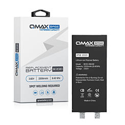 Purchase the QMAX Base extended capacity replacement battery for iPhone SE 2020 – 2200 mAh, spot weld required.