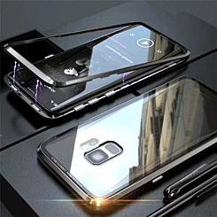 Galaxy S9 Plus Ultra Slim Magnet Protective Case with Metal Frame Tempered Glass Back - BLACK BORDER (Only Ground Shipping)