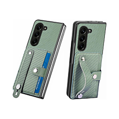 Galaxy Z Fold 5 Carbon Fiber Texture Card Slot Wrist Strap Holder Case - GREEN (Only Ground Shipping)