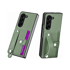 Galaxy Z Fold 6 Carbon Fiber Texture Card Slot Wrist Strap Holder Case - GREEN (Only Ground Shipping)
