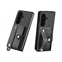 Galaxy Z Fold 7 Carbon Fiber Texture Card Slot Wrist Strap Holder Case - BLACK (Only Ground Shipping)